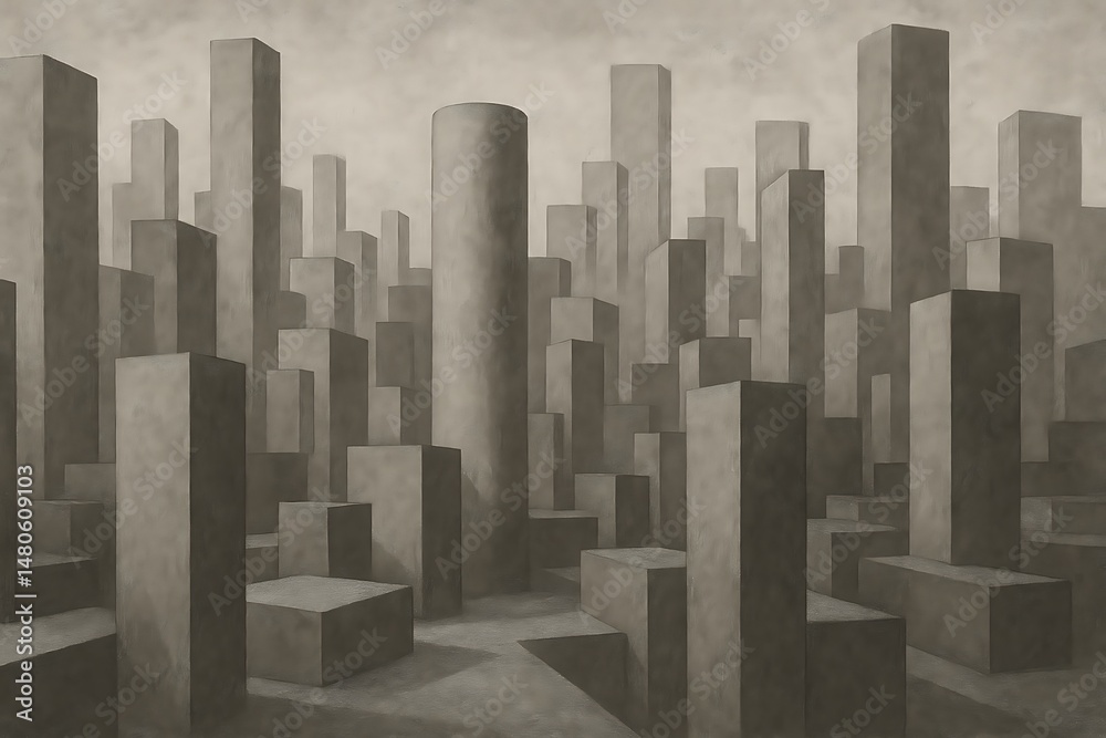 Fototapeta premium Geometric urban cityscape with a series of concrete blocks and cylindrical towers in black and white, conveying a modern architectural style