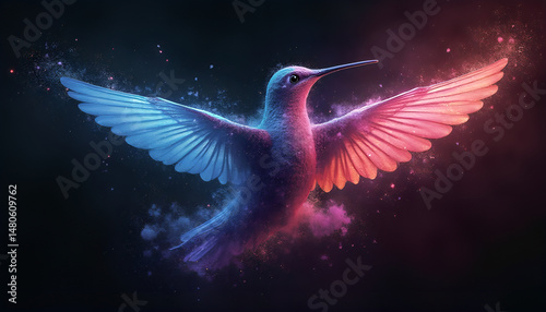 Colorful flying  Hummingbird in Flight with Magical Dust 