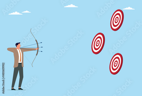 Vector illustration of a businessman trying to achieve multiple business goals with precision
