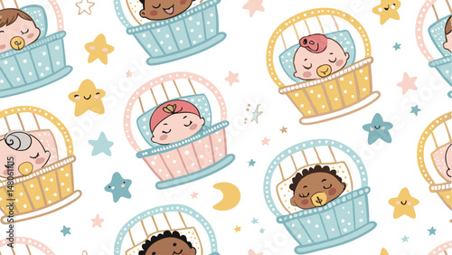 Seamless vector pattern featuring diverse babies sleeping peacefully. A charming and adorable design.