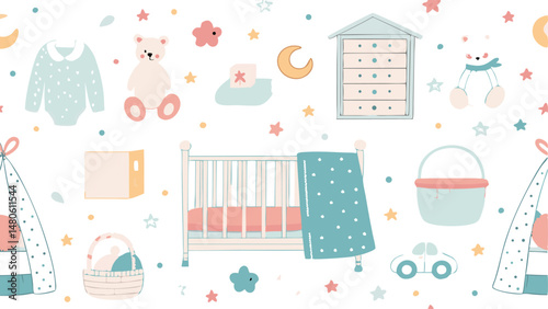 Seamless vector pattern featuring baby room essentials, perfect for nursery decor or children's products.