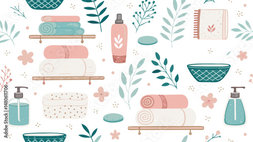 Seamless vector pattern featuring bathroom items and towels, ideal for textile design or website backgrounds.