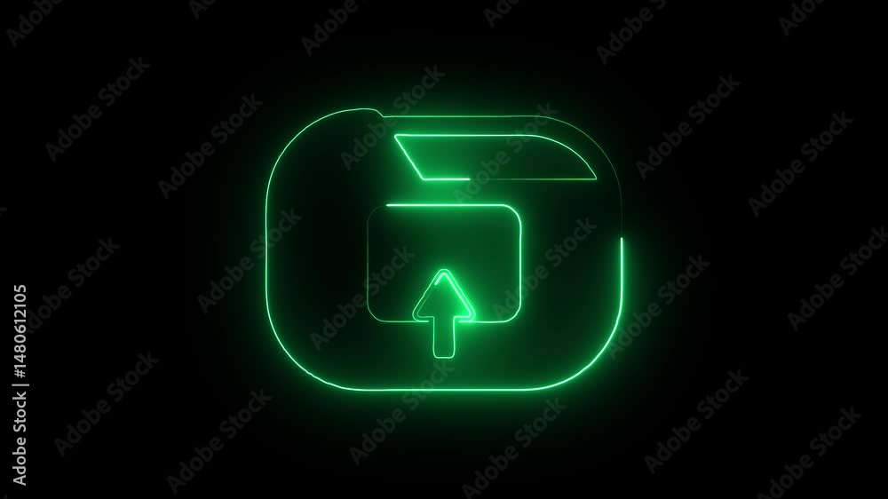 Glowing neon upload icon isolated on black background. HD Video motion graphic animation