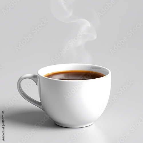 Minimalist white cup of steaming hot coffee on a white background.