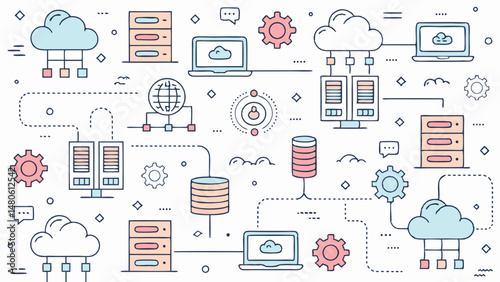Seamless vector pattern depicting a cloud computing concept, featuring a modern and technological design.