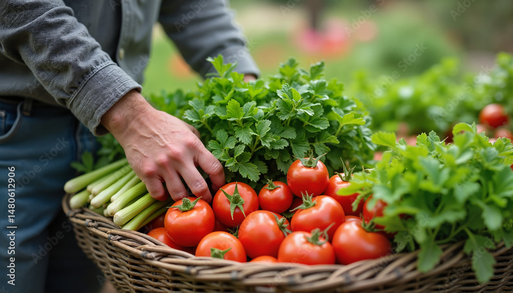 Fototapeta premium Person harvesting fresh vegetables with tomatoes and herbs in a wicker basket