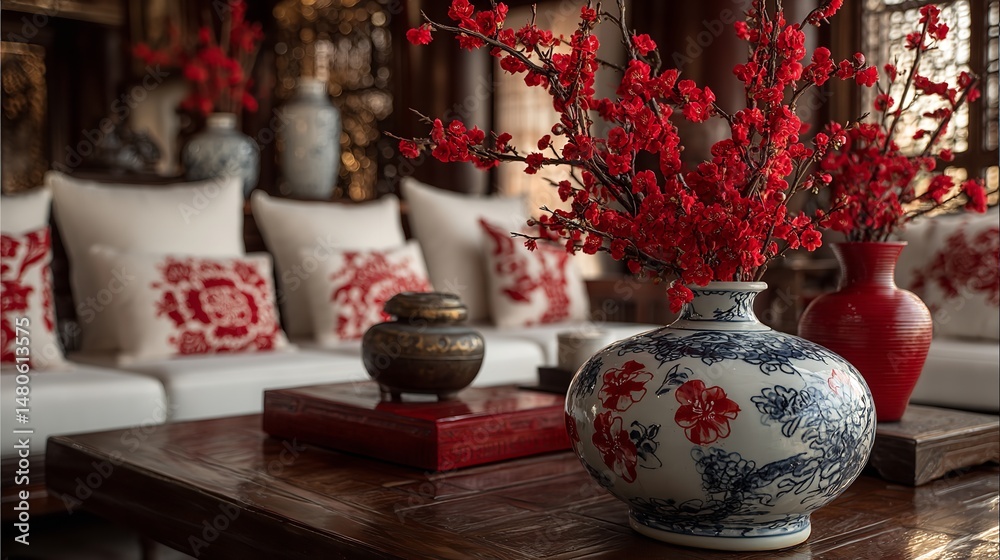Fototapeta premium Elegant Interior with Red Plum Blossom Decor, White Sofa, and Wood Coffee Table, Traditional Chinese Living Room Style