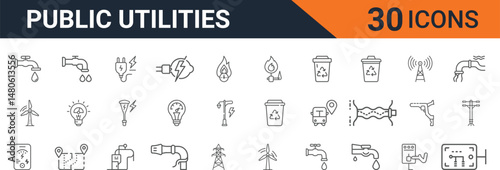 Public Utilities Icon Set for Water Supply, Electricity, Waste Management, Gas, Renewable Energy, Telecommunication, and Infrastructure Services. Vector illustration