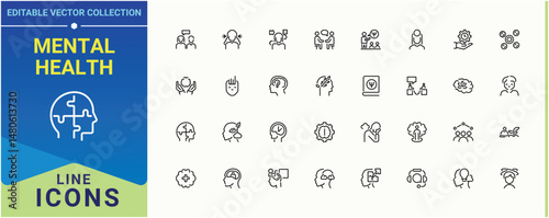 Mental Health icon set. Pack of psychologist, brainstorm, thinking, mind, psychotherapy, anxiety and more. Psychology related icon set. Vector icons collection. Pixel perfect. Vector illustration.