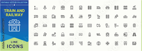 Train And Railway icon. Vector outline icons collection. Includes symbols for vehicle, transportation, rail, railroad, station, railway. Editable stroke. Vector illustration. Vehicle icon collection.