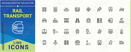 Rail Transport linear icon set. Contain linear sign station, transport, railroad, tram, subway and more. Train And Railway modern icon set. Perfect for logos and infographic. Editable vector art.