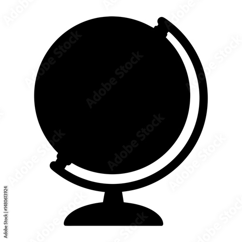 A minimalist black and white illustration of a world globe on a stand