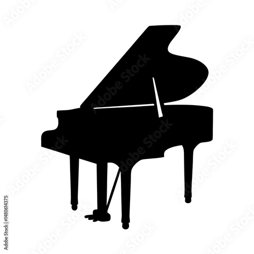 Black Grand Piano Silhouette on White Background Depicts Musical Instrument
