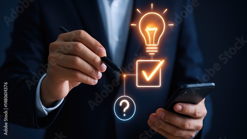 A businessman interacting with symbols on a mobile device, representing innovation.