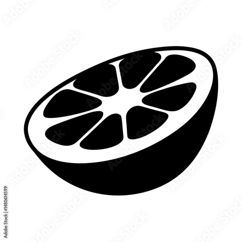 Graphic representation of a halved citrus fruit with black and white design