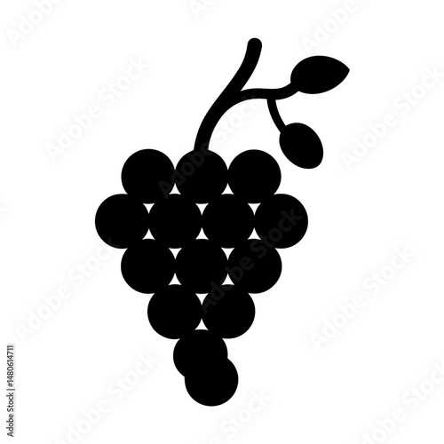 Stylized Bunch of Grapes with Stem and Leaves in Solid Black