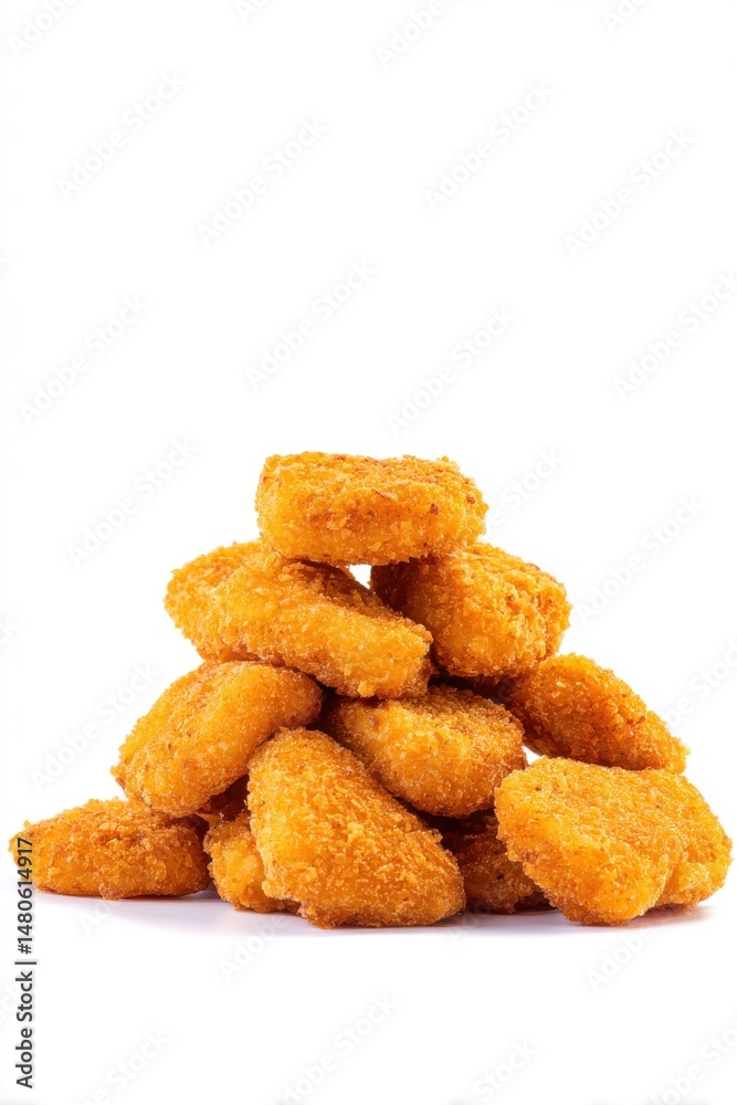 Pile of golden crispy chicken nuggets on white background studio shot close up delicious snack food Pile of golden crispy chicken nuggets on white background studio shot close up delicious snack food