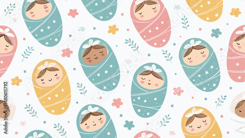 Seamless pattern featuring diverse babies sleeping soundly in various positions, creating a cute and calming design.