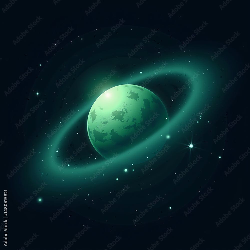 Naklejka premium Swirling Galaxy, Glowing Emerald Planet