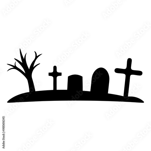 Spooky silhouette of graveyard with tombstones and a dead tree illustration