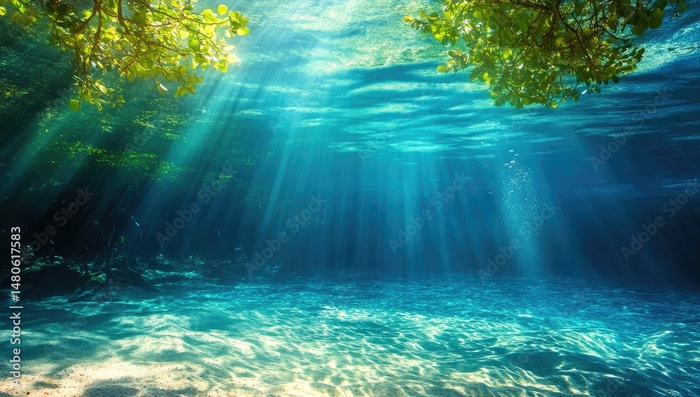 Naklejka premium Underwater sunbeams with clear water.