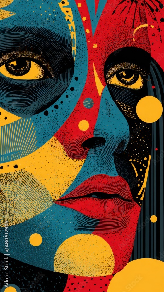 Fototapeta premium Abstract Portrait of a Woman with Bold Colors and Geometric Shapes Artistic Close Up View