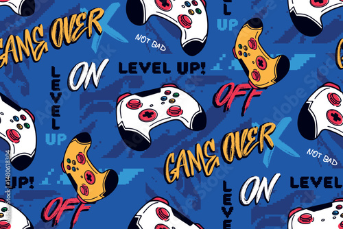 Gamer graffiti  seamless pattern on blue background with game pad vector illustration, pixel camouflage print, street art style words. Game pads seamless pattern.