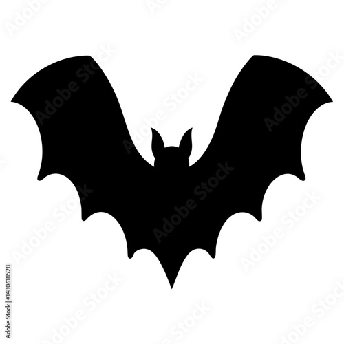 Black Halloween Bat Silhouette with Wide Wingspan Flying on White Background