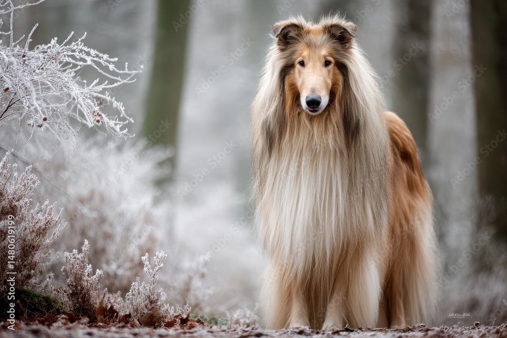 Fototapeta premium In the snow, a borzoi dog with a black and white coat and a fluffy tail is positioned against a white winter setting