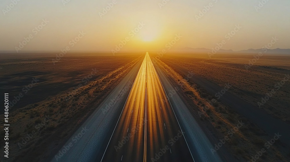 Fototapeta premium Aerial view of endless highway stretching into horizon under golden sunset, symbolizing boundless opportunities and journey to success. Road trip, travel adventure and freedom concept. 