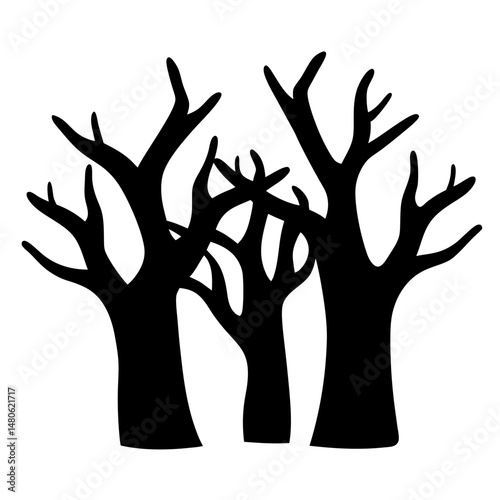 Silhouette of bare trees against a white background creating a stark contrast