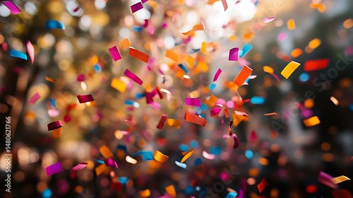 Colorful confetti falling in the air against a blurred background.