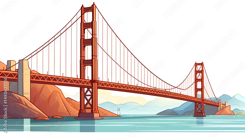 Fototapeta premium Golden Gate Bridge Cartoon Vector Illustration: Fun and Colorful Artwork for Creative Projects