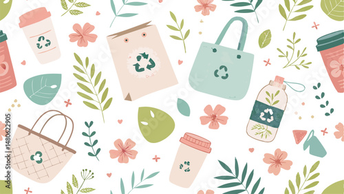 Seamless eco-friendly and recyclable pattern featuring a textured design with vibrant colors.