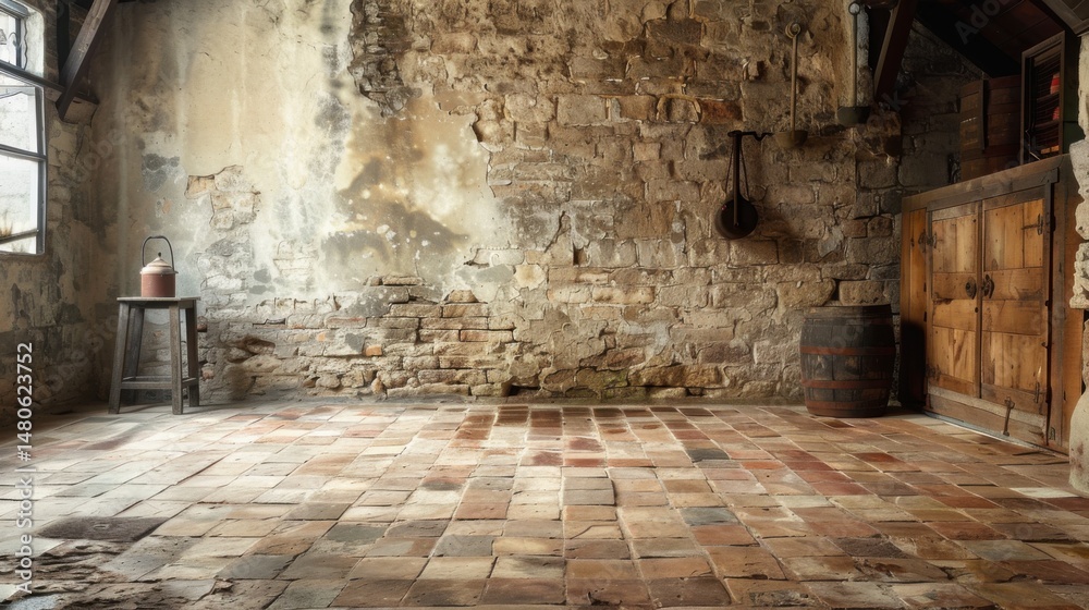 Obraz premium Interior of Rustic Room with Brick Floor, Walls, Cabinet, and Kettle