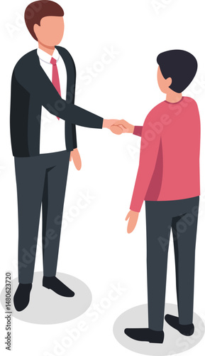 Two businessmen shaking hands closing a deal or reaching an agreement after a successful negotiation, isometric business and finance concept