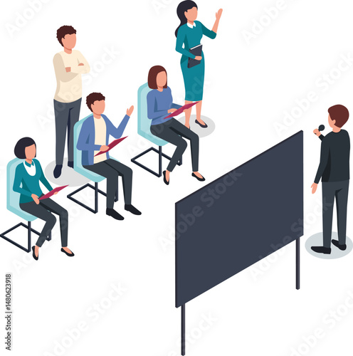Office workers are sitting on chairs and listening to their colleague making a presentation holding a microphone, asking questions and taking notes