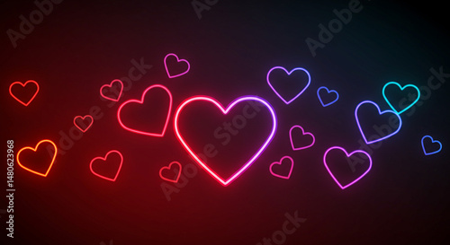 A dark background filled with colorful neon heart outlines in varying sizes and shades of red and blue