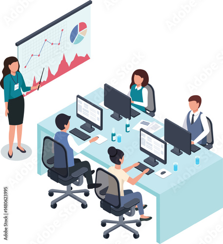 Businesswoman using pointer while giving presentation to office workers sitting at computers with increasing line graph and pie chart displayed on projection screen in isometric vector illustration