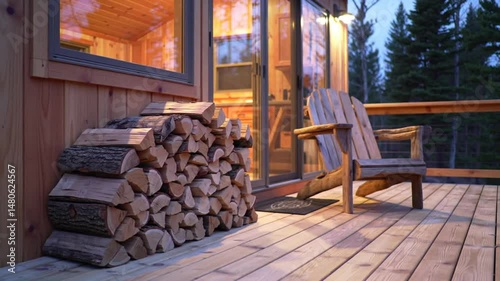 Cozy Retreat Scene With Firewood And Adirondack Chair