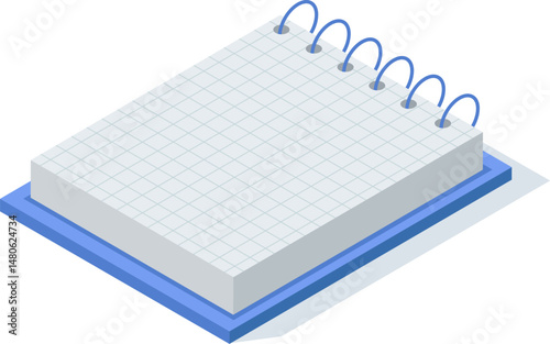 Notepad with blank squared sheets and blue spiral binding placed on a blue support, isometric view, ideal for writing notes, ideas, to do lists or reminders