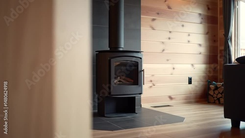 Contemporary Living Room With Modern Fireplace And Wooden Wall Panels