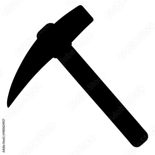 A bold silhouette of a pickaxe, a symbol of mining and labor