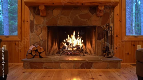 Cozy Fireplace With Warm Flames In A Rustic Log Cabin Ambience