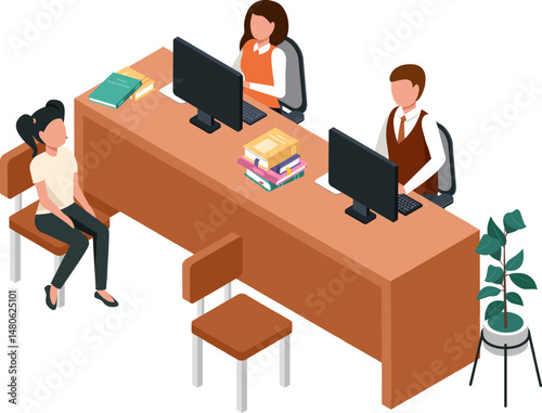 Library employees working with computers at information desk assisting a customer requesting information about books and documents in an isometric illustration