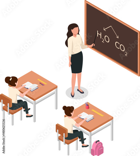 Chemistry teacher using pointer stick explaining chemical formula of water and carbon dioxide to students sitting at desks reading books in classroom, isometric vector illustration