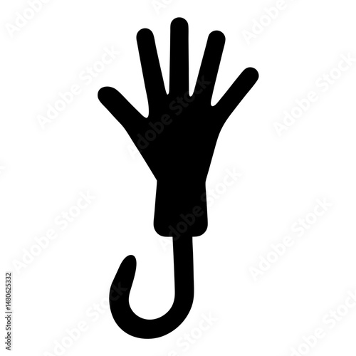 A black silhouette of a hand attached to a hook, stylized art