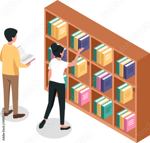 Librarian picking book from bookshelf while student reading textbook in library, isometric vector illustration of learning and education concept