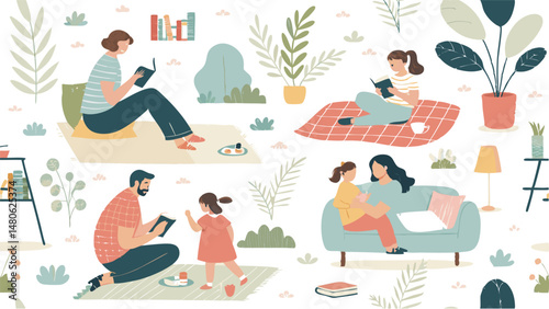Seamless pattern featuring families enjoying leisure time at home, perfect for various design projects.