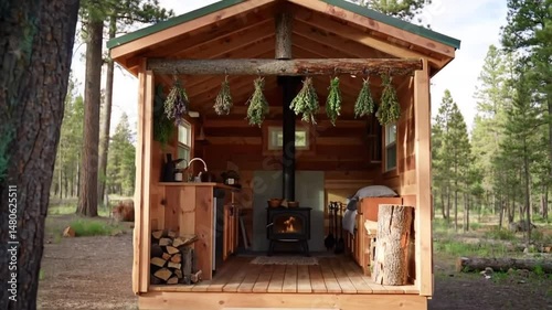 Rustic Woodland Abode: Cozy Cabin Retreat with Vintage Stove and Botanical Charms
